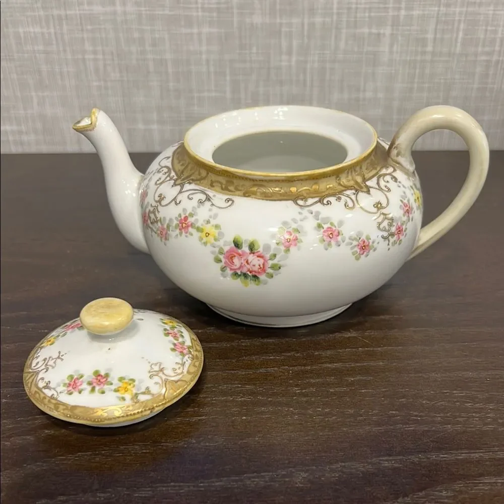 Antique Noritake Nippon Maple Leaf Teapot 1891 Hand Painted Gold Pink Roses